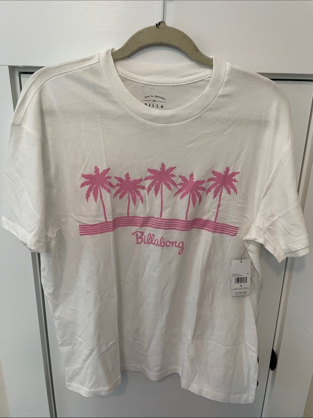 Billabong women’s White T-Shirt with Pink Palm Graphic MED 🆕